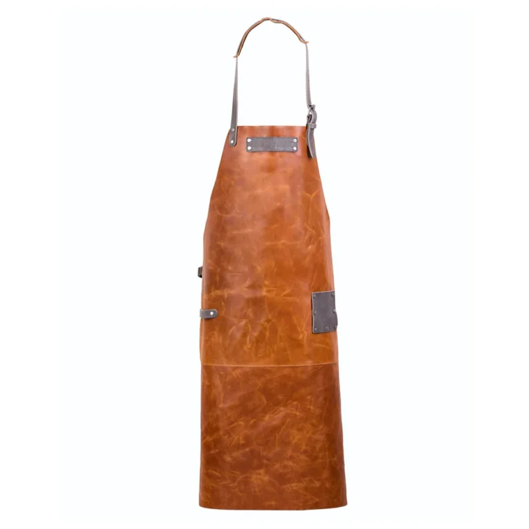 Full front view of dark brown leather apron with tan straps and reinforced pockets for chefs, bartenders, and woodworkers