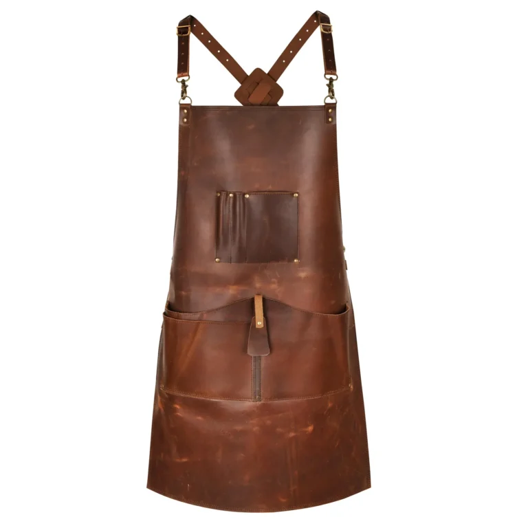 Close-up of woodworking leather apron made in USA with large front utility pockets for tools.