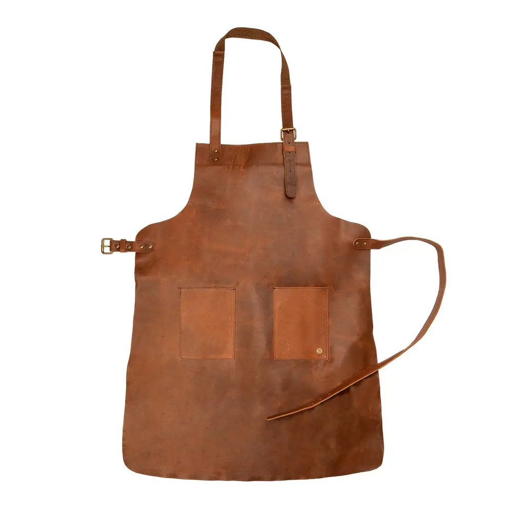 Full Grain Brown Leather Work Apron with Double Pockets - Image 3