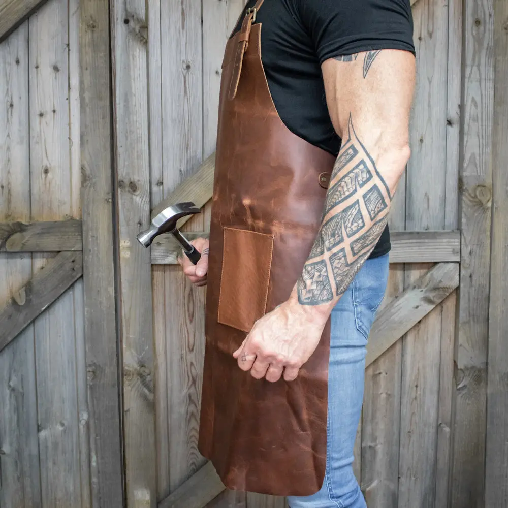 Full Grain Brown Leather Work Apron with Double Pockets - Image 4
