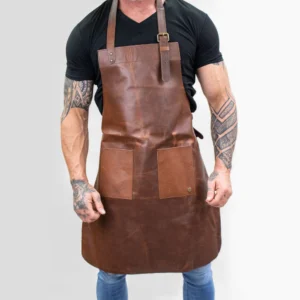 Full Grain Brown Leather Work Apron with Double Pockets